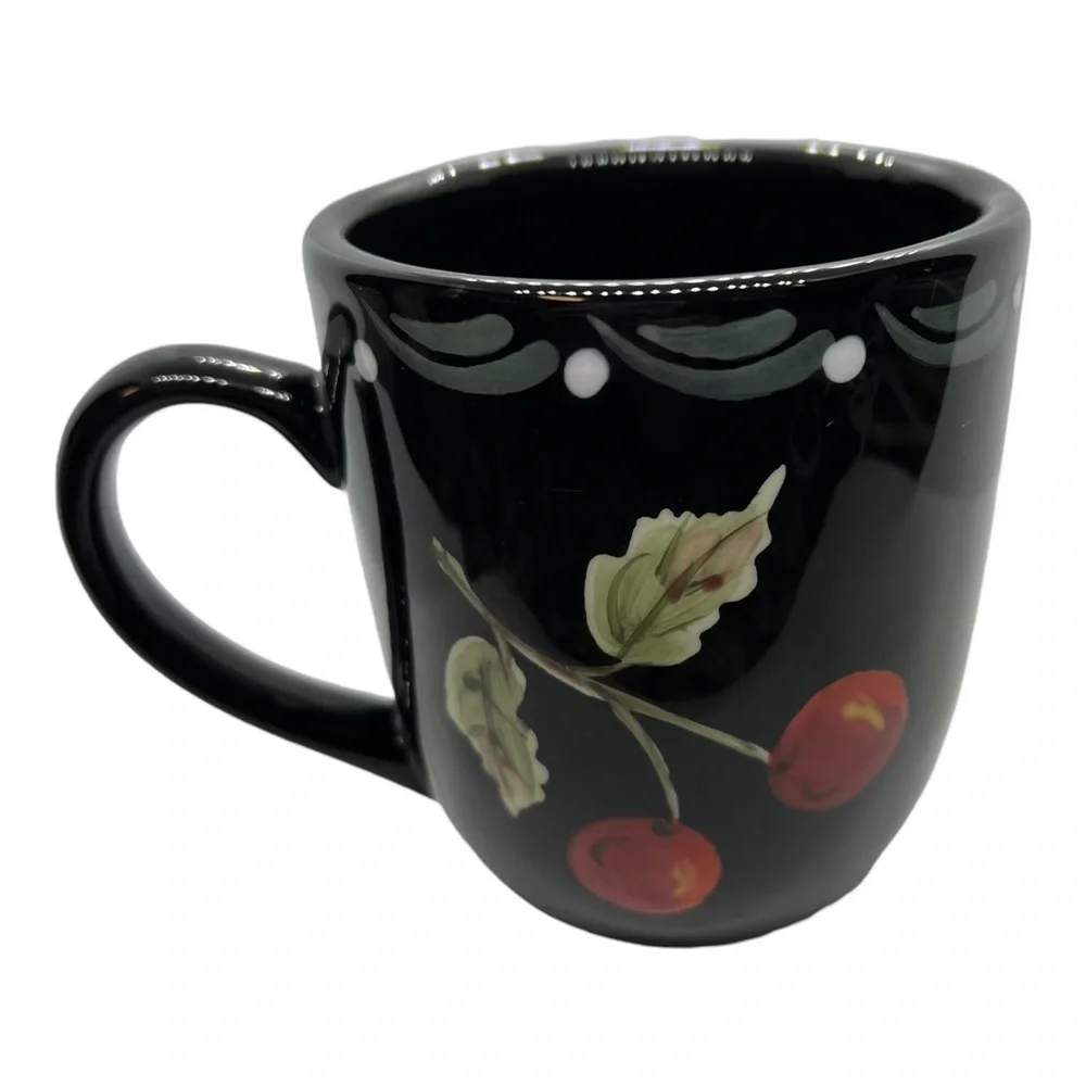 Laurie Gates Black Cherry Blossom Coffee Mugs Cups (set of 2)